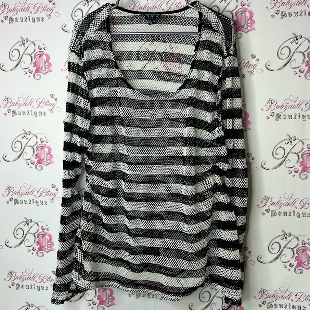 Tripp NYC long sleeve mesh fish net Black and White Striped Blouse swoop neck